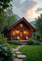 Charming Eco Lodge Embracing Rustic Cottage Aesthetics Surrounded by Plentiful Greenery Sunlit Countryside Escape