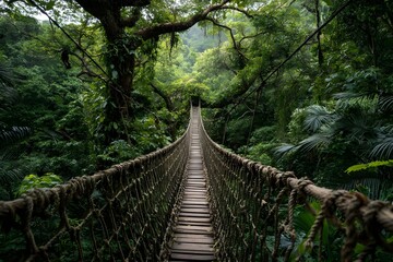 Rope Bridge Suspended Over Tropical Jungle Canopy with Vines for Adventure Travel and Rainforest Exploration