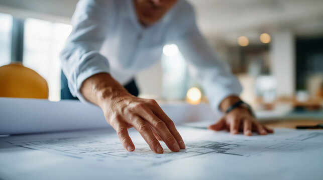 Architect working on project of structure in office faceless professional closeup defocused workspace background energy efficiency concept sustainable building design power