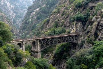 Railway Bridge with Steel Girders Crossing Gorge in Mountainous Terrain for Industrial Transportation Infrastructure