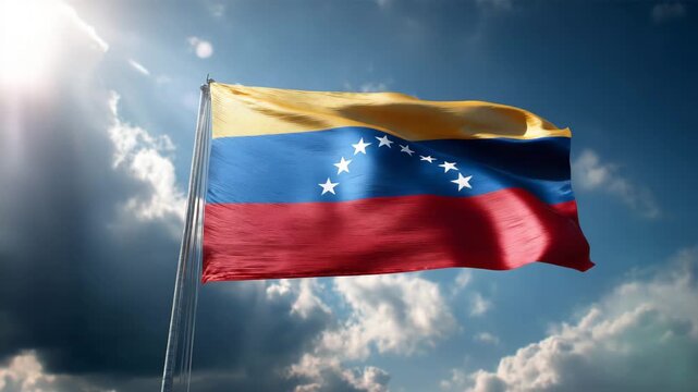 Venezuelan flag fluttering in wind against cloudy sky illustrating national unity patriotism freedom and South American cultural identity