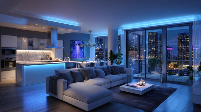 Modern apartment interior with blue mood lighting at night. Large windows offer cityscape view. Comfortable sofa faces kitchen island with built in appliances. Luxury living space is well lit