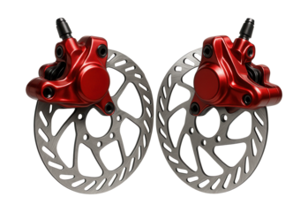 Hydraulic disc brakes featuring red anodized calipers and rotors.