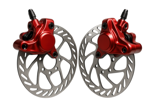 Hydraulic disc brakes featuring red anodized calipers and rotors.