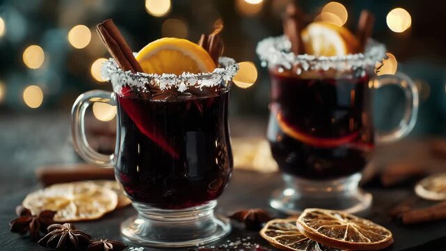 Warm mulled wine served in glass mugs with cinnamon and citrus garnishes glowing holiday bokeh cozy winter vibes aromatic spices traditional christmas drink on rustic wooden table
