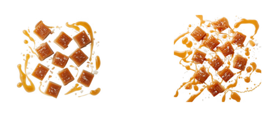 Two arrangements of delicious square caramel candies drizzled with rich sauce and sea salt, isolated on transparent background