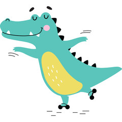 Cute Teal Alligator Cartoon Character Skating Effortlessly with Closed Eyes and Smiling Expression on Transparent Background