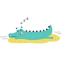 Cute Cartoon Teal Alligator Sleeping Peacefully on a Sandy Shore with Zzz Symbol Overhead on Transparent Background