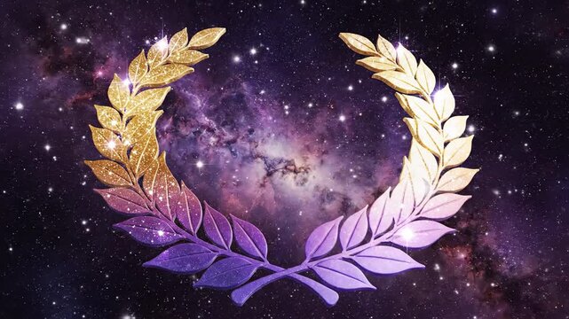Laurel wreath in space abstract golden foliage with starry galaxy background