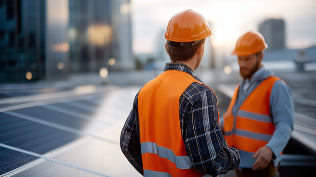 Rooftop solar installation with two engineers examining panels faceless technicians walking defocused urban background alternative energy service concept photovoltaic