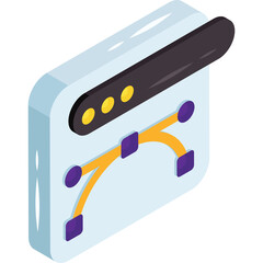 Vector graphic design interface with Bezier curves and control points on a light blue screen with a dark grey top bar and yellow dots