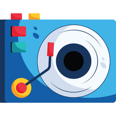 Vector Graphic Illustration of a Stylized Blue Turntable with Red Yellow and Teal Accents on a Transparent Background