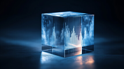 Glass cube with embedded financial chart lines illuminated in blue representing data analysis and market trends