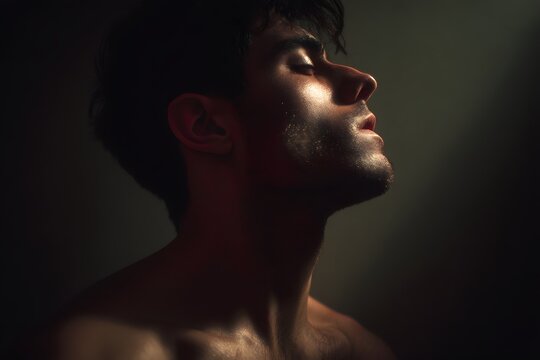 Man in profile looking upwards with dramatic light illuminating his face