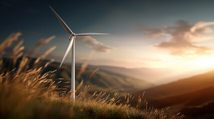Green energy concept eco power with turbine located along elevation defocused hillside background wind blowing renewable production clean energy consideration sustainable elect