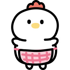 Cute cartoon white chick wearing pink checkered shorts and red head crest on a transparent background