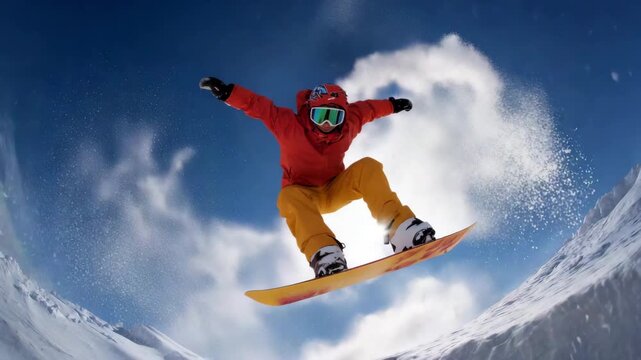 snowboarder jumping high above snowy slope winter sports action extreme mountain freestyle athlete performing trick under blue sky dynamic outdoor adventure