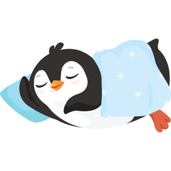 Adorable Cartoon Penguin Sleeping Peacefully Under a Light Blue Star Patterned Blanket on a Pillow with Closed Eyes and a Gentle Smile