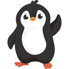 Cute cartoon penguin waving with a friendly expression on a transparent background ideal for children's illustrations and educational materials