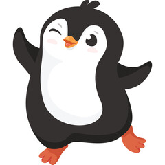 Cute cartoon penguin character with pixelated art style winking and with arms raised in a joyful pose on a transparent background celebrating winter fun