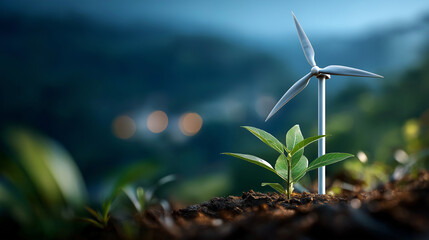 Green energy concept eco power with turbine located along elevation defocused hillside background wind blowing renewable production clean energy consideration sustainable elect