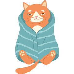 Cute orange cat wrapped in a blue striped blanket looking sleepy with a content expression against a transparent background