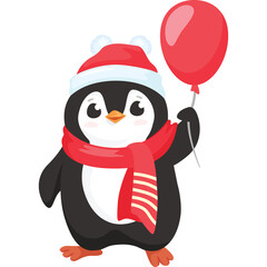 Cute cartoon penguin wearing a red Santa hat and scarf holding a red balloon against a white background