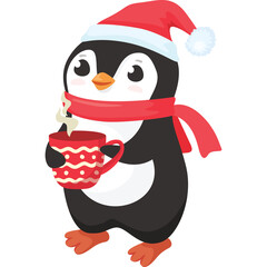 Cute Penguin Wearing Santa Hat and Red Scarf Holding a Hot Drink with Steam on Transparent Background