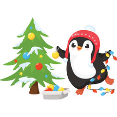 Cute Penguin Decorating a Snowy Christmas Tree with Colorful Lights and Ornaments on a Transparent Background