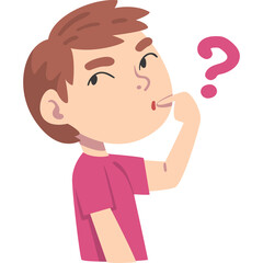 Curious Young Boy With Brown Hair Wearing A Pink T Shirt Pondering With A Question Mark Illustration