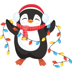 Cute Cartoon Penguin Wearing Santa Hat and Scarf Holding Colorful Christmas Lights Transparent Background