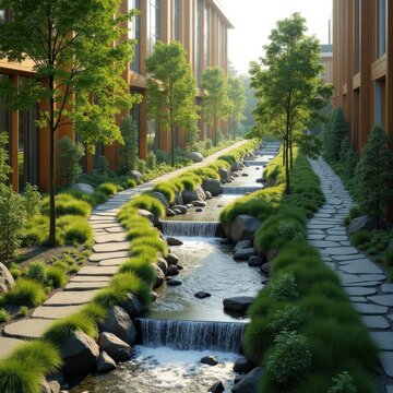 Innovative Sustainable Urban Drainage System with Visual Rainwater Management Features Eco-Friendly Design Outdoor Water Flow