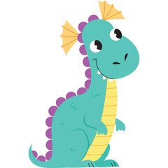Cute Teal Cartoon Dragon Character With Purple Spikes And Yellow Wings On A Transparent Background