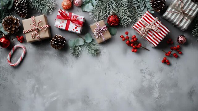 christmas flat lay with wrapped gifts pine branches candy cane berries festive winter decoration holiday mood celebration cozy seasonal atmosphere background for greeting cards