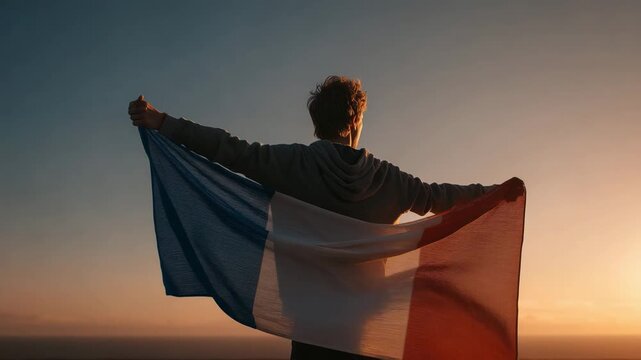 Man holding the French flag behind his back at sunset creating a dramatic silhouette symbolizing national pride freedom and unity with warm evening light and an inspiring outdoor atmosphere filled wit