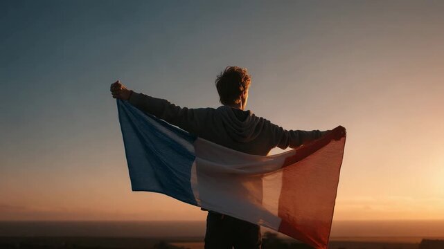 person holding the flag of france at sunset patriotism freedom travel inspiration youth national identity europe horizon emotional moment culture and unity