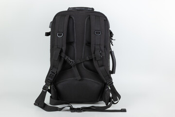 Black extra large tactical sanitary rescue backpack, studio shoot on white background, rear view