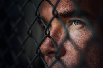 Close up of a man looking through a chain link fence with a longing expression