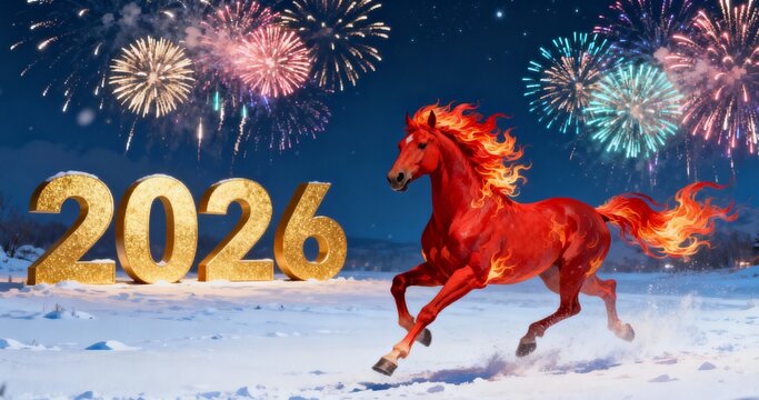 Fiery red horse galloping on snow with golden 2026 numbers and festive fireworks in the night sky, celebrating the Chinese New Year.