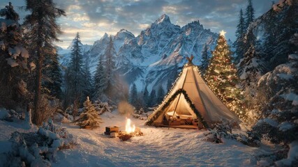 Cozy winter campsite with glowing tent Christmas tree and campfire in snowy forest with mountain peaks warm festive outdoor holiday scene serene winter landscape - Powered by Adobe