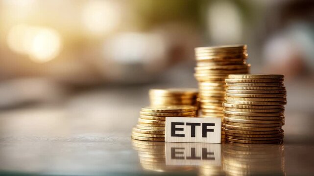 Stacks of gold coins with ETF cube block symbolizing exchange traded funds investment diversification financial growth and modern asset management