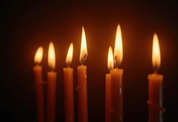 Glowing Menorah Candles Illuminating Evening Darkness Wax Melting Traditional Jewish Symbol