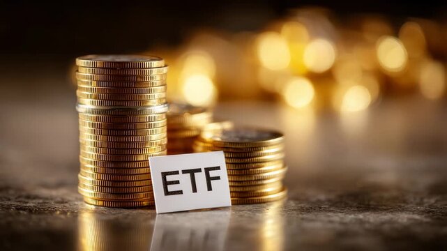 gold coins stacked with ETF label symbolizing investment funds wealth management diversified portfolio passive income financial markets trading economy capital growth inflation hedge