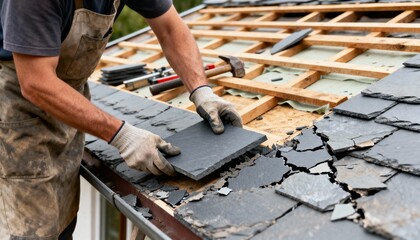 Medium shot showing detailed slate roof repairs as a craftsman carefully fits a new slate tile to restore haildamaged sections.