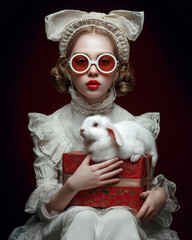 Girl in vintage costume holding gift box with white rabbit