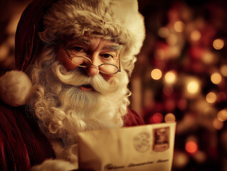 Santa Claus reading Christmas letter by decorated tree