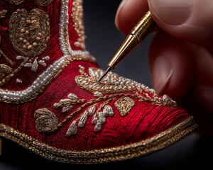 Hand embroidery on red Christmas stocking with gold and pearl thread