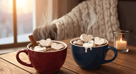 Two mugs of hot chocolate with marshmallows cozy winter scene
