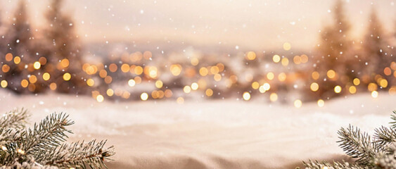 Dreamy Christmas tree bokeh lights with snowy elements, a perfect festive backdrop for holiday photography projects