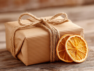 Eco-friendly gift wrapped in kraft paper with dried orange slices
